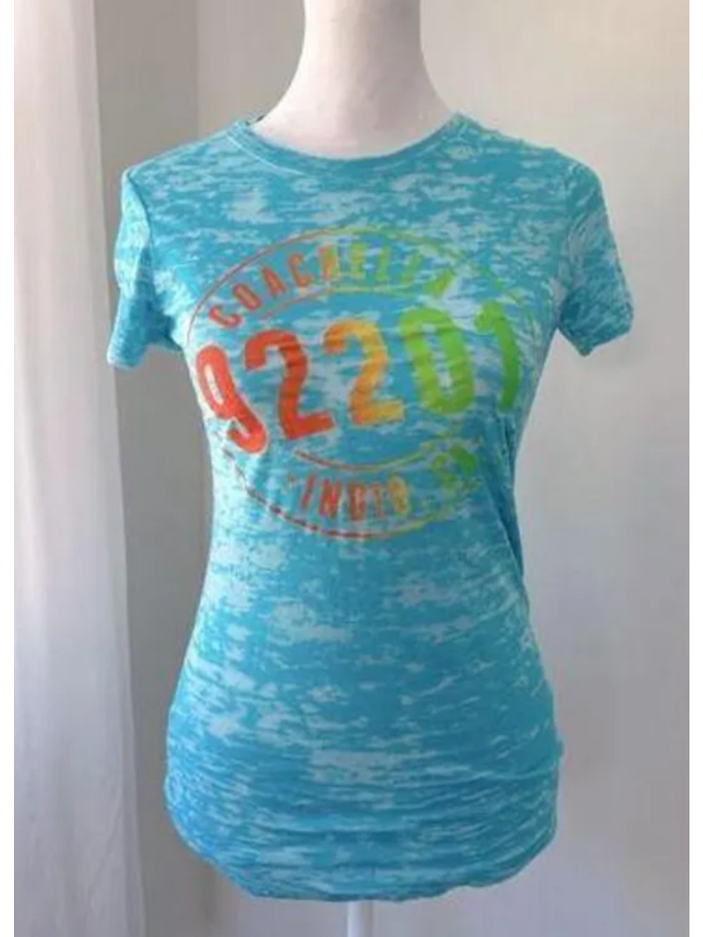 Coachella 92201 tshirt‎ Tee Size Small turquoise blue baby festival bright